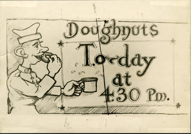 Cartoon depicting World War I soldier eating a doughnut